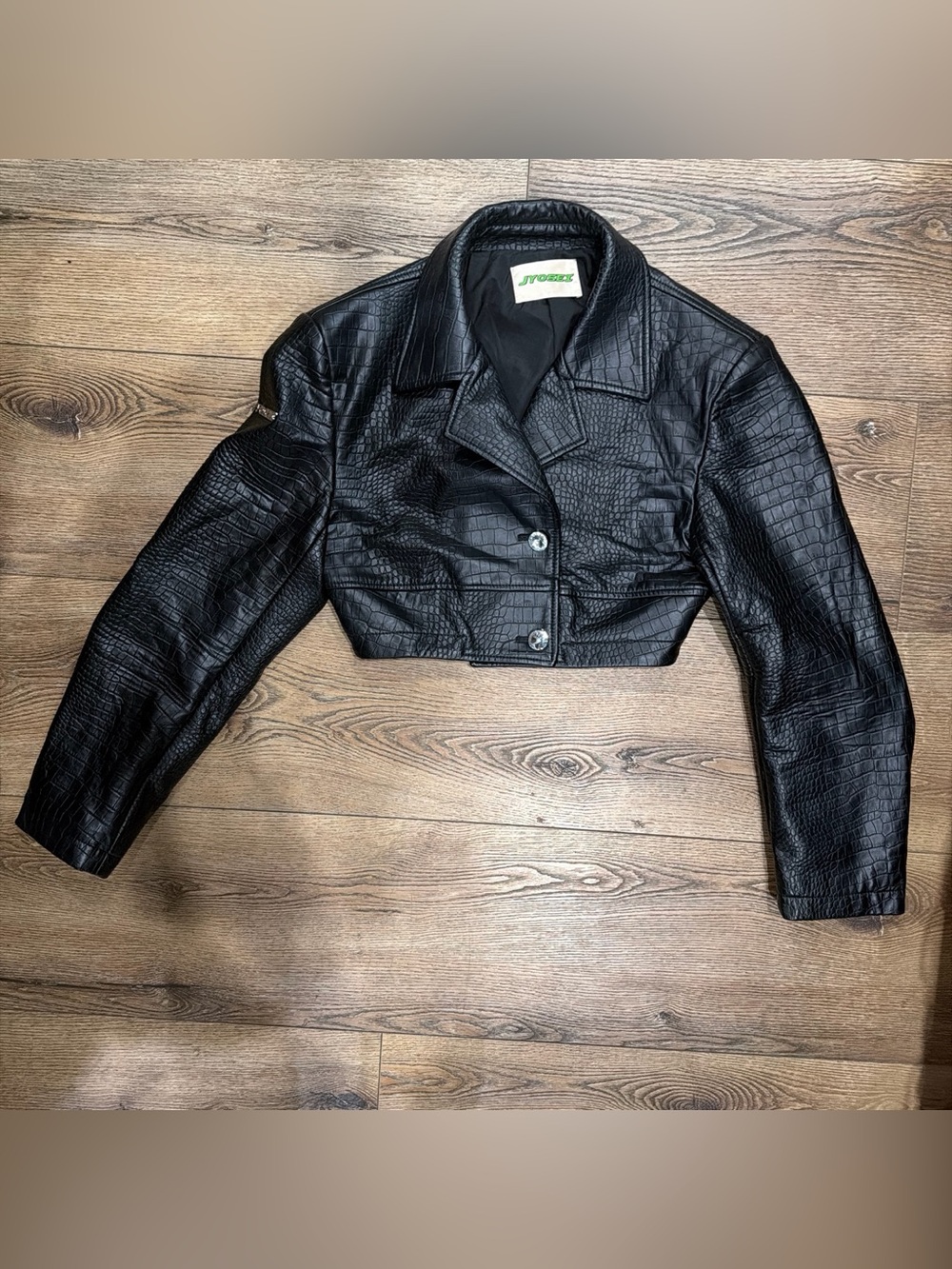 Cropped Black Faux Croc Leather Jacket by St. Tropez